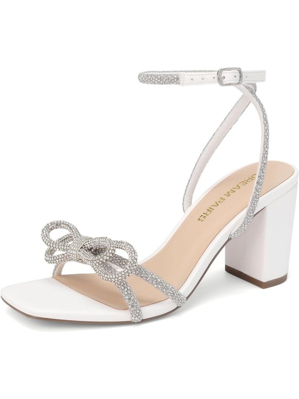 Women's White Bow Knot Chunky Block Square Toe Slingback Heels Sandals